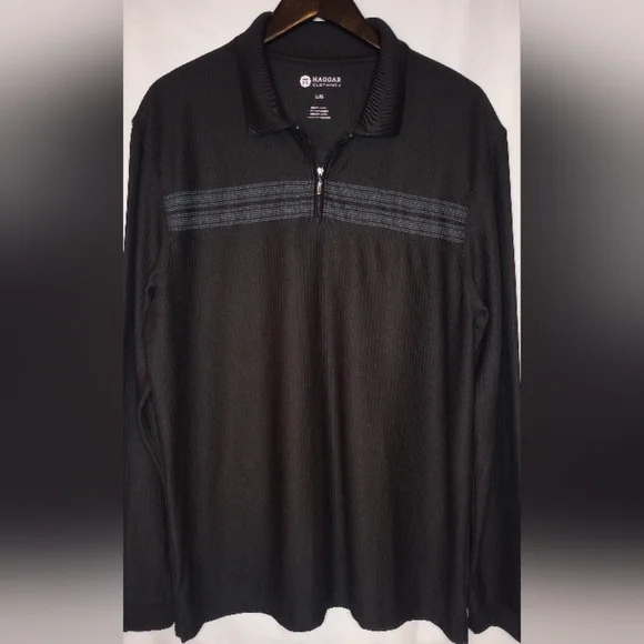 Haggard Men's Golf Shirt Black Long Sleeve Pullover 3/4 Zip Striped Texture L - Picture 9 of 11